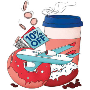 graphic of coffee cup, plane, donut, 10% off tag